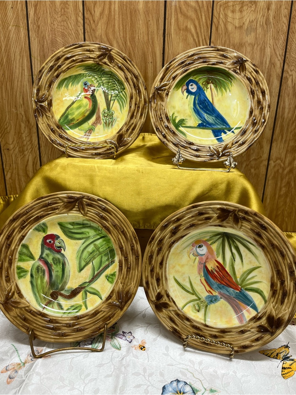Hand-Painted Tropical Parrot Decorative Dinner Plates - Set of 4 - Multicolor
